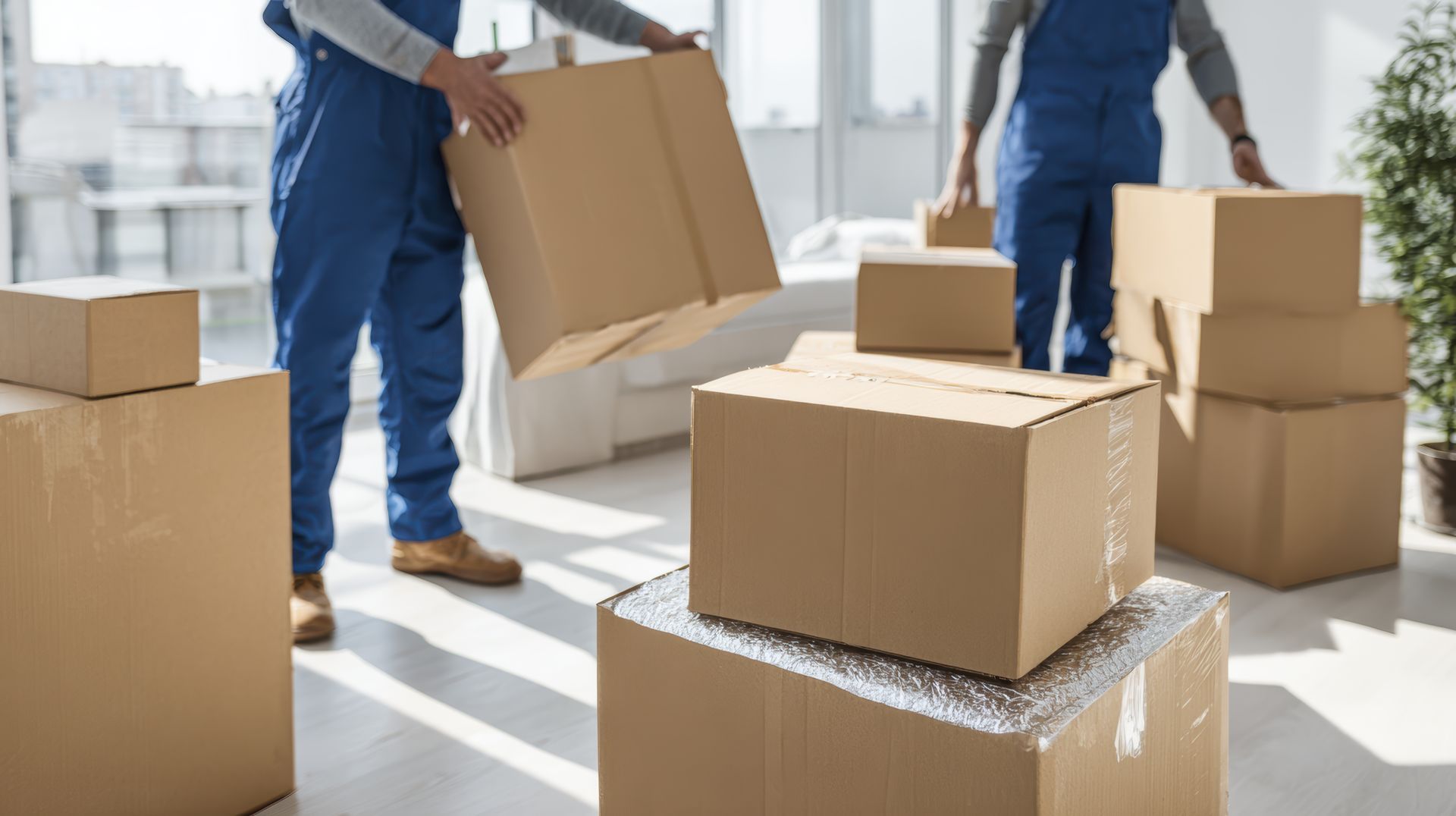 People moving cardboard boxes in a bright warehouse or moving room.