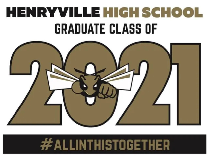 Henryville High School Graduate Class of 2021 logo. Gold numbers, Hornet mascot, and hashtag #AllInThisTogether.