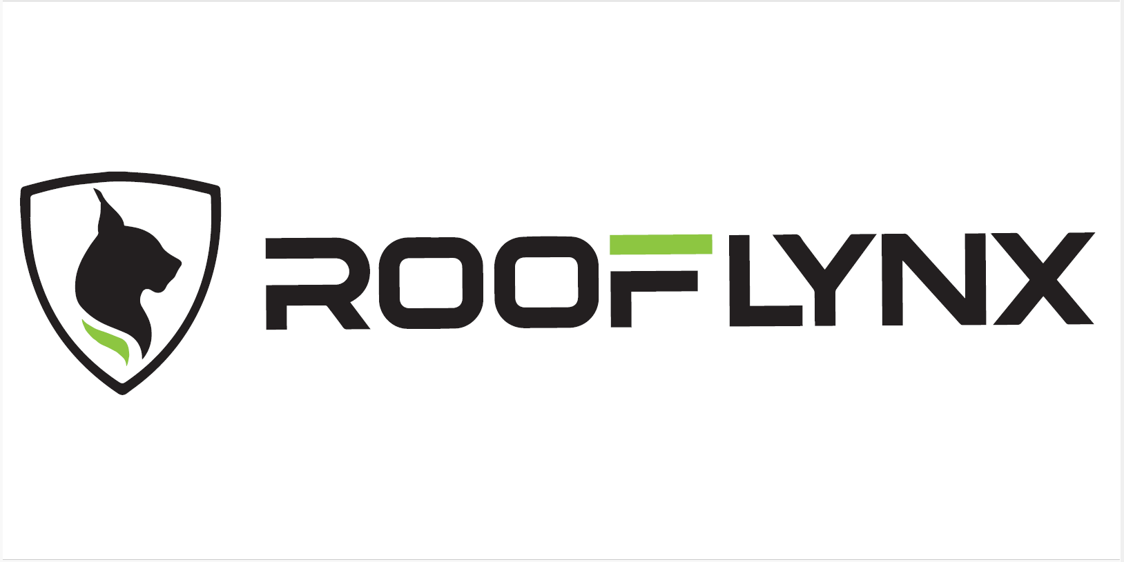 Logo of RoofLynx: Shield with a black lynx head and green accents, text