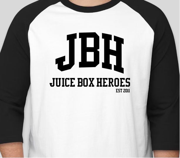 A baseball shirt that says jbh juice box heroes