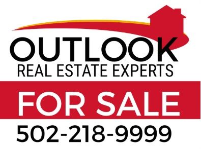 A red and white real estate for sale sign for Outlook Real Estate Experts with phone number 502-218-9999.