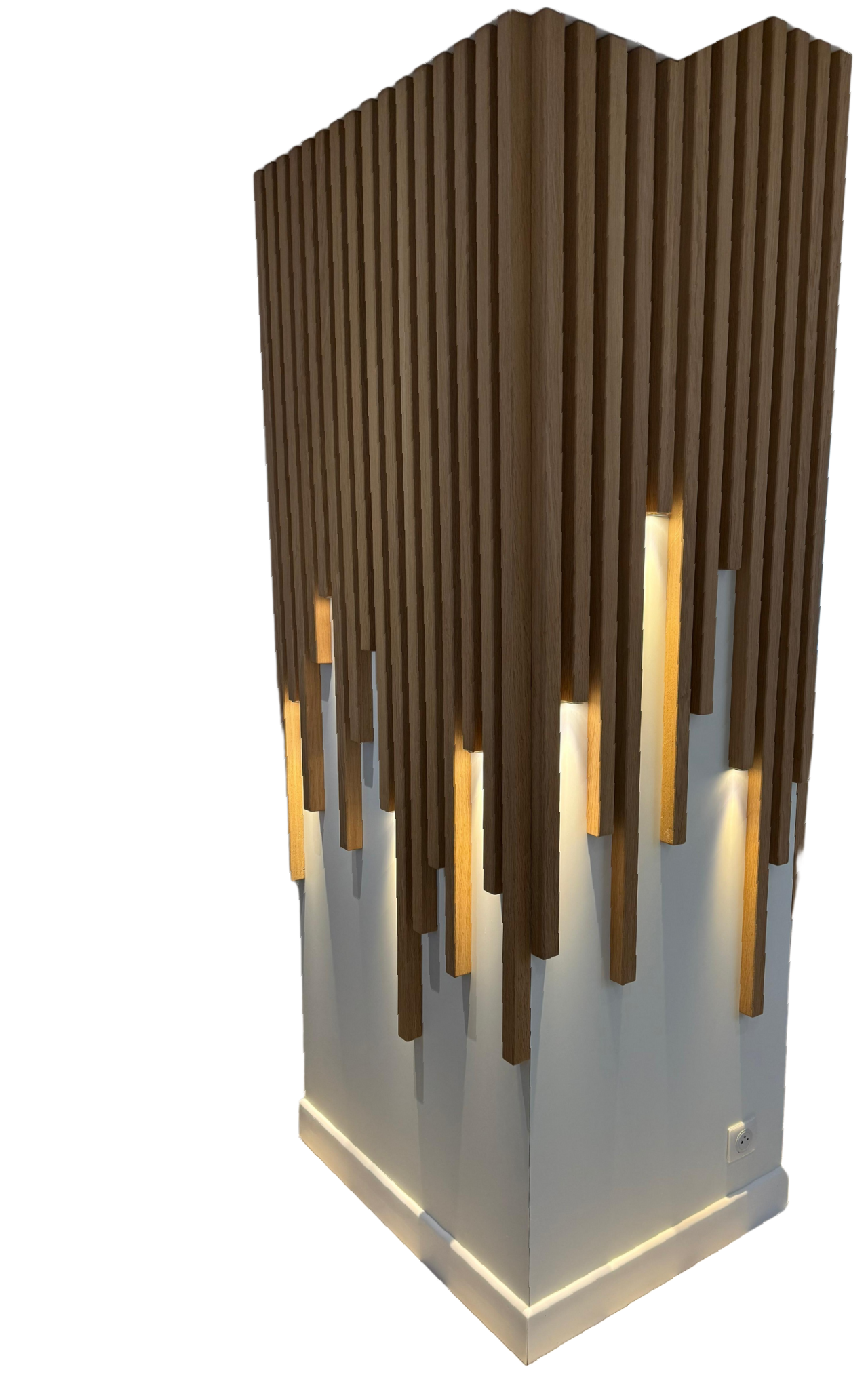 Un modèle 3D d'un mur en bois avec des lumières qui en sortent.