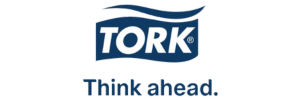 a blue and white logo for tork that says think ahead