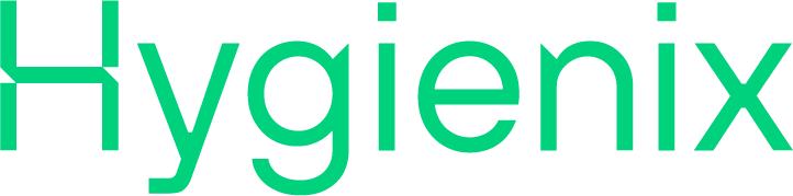 a green and white logo for hygieneix on a white background.