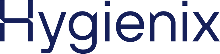 the logo for hygienix is blue and white on a white background .