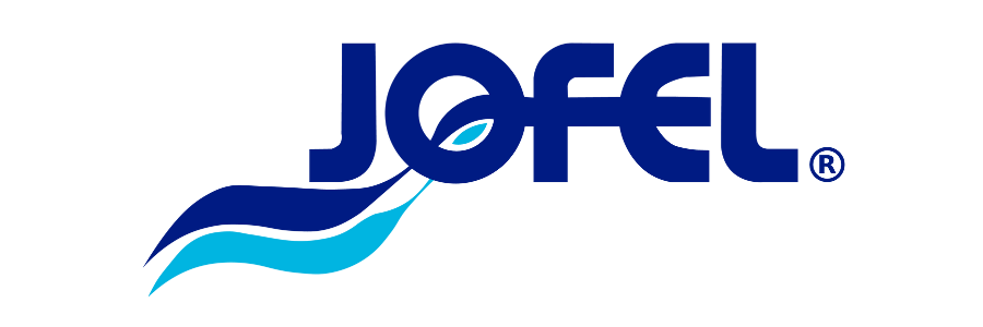 a blue and white logo for jofel with a wave