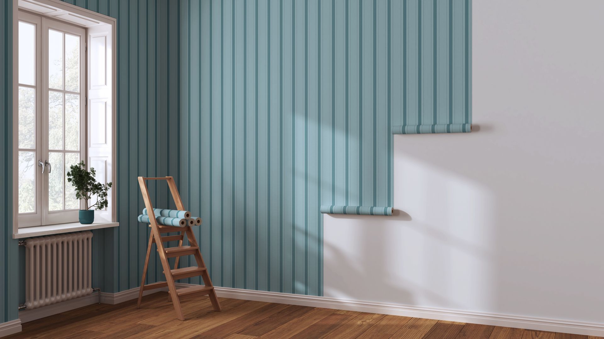 Room with a blue-painted wall, partially finished. Wooden ladder stands near a window.