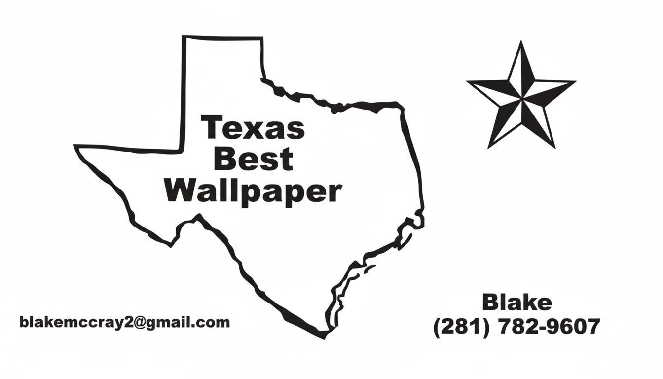 Texas Best Wallpaper Logo for Texas Best Wallpaper: Texas outline with text and star icon, contact info.