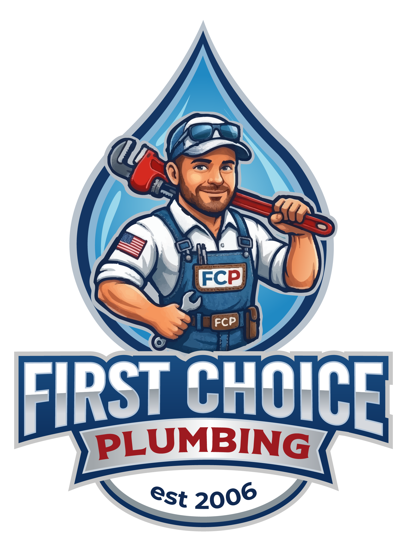 First Choice Plumbing logo with a plumber holding tools and “est 2006” text