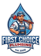First Choice Plumbing logo with a plumber holding tools and “est 2006” text