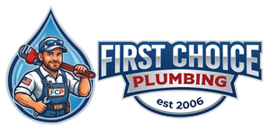 First Choice Plumbing logo with cartoon plumber in blue beside shield emblem and est. 2006 text