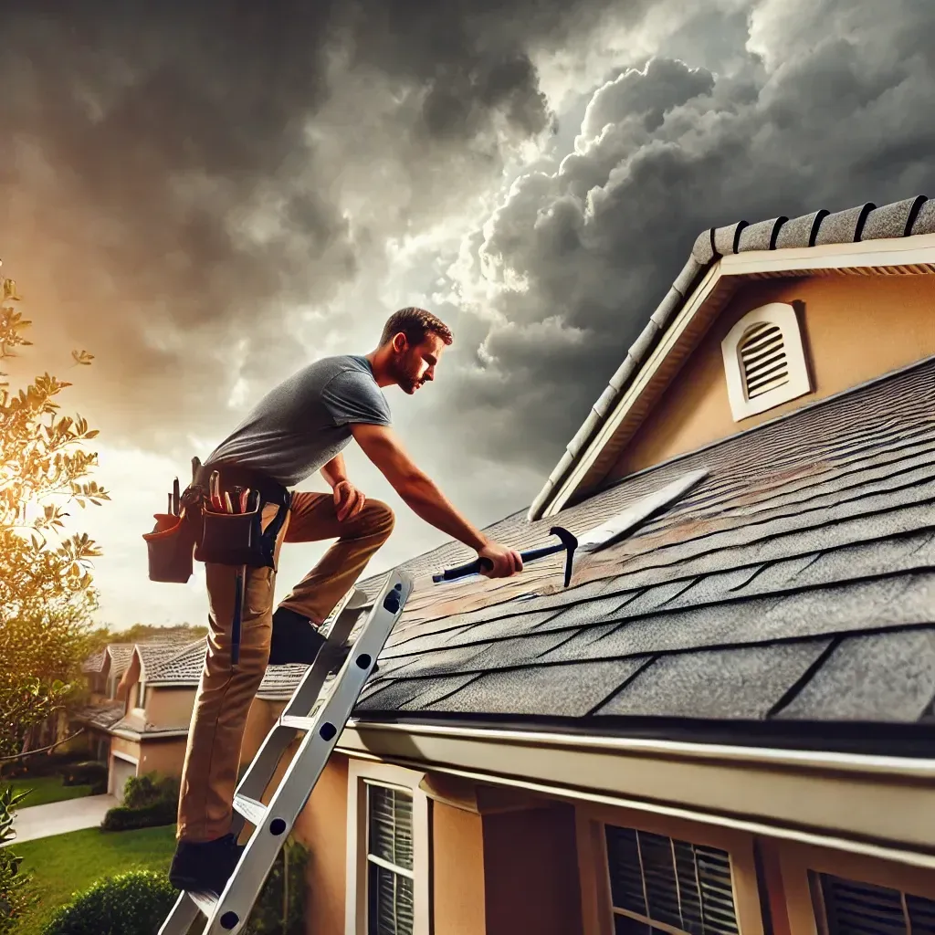 A close-up of a roof inspector examining the flashing and shingles around a vent.