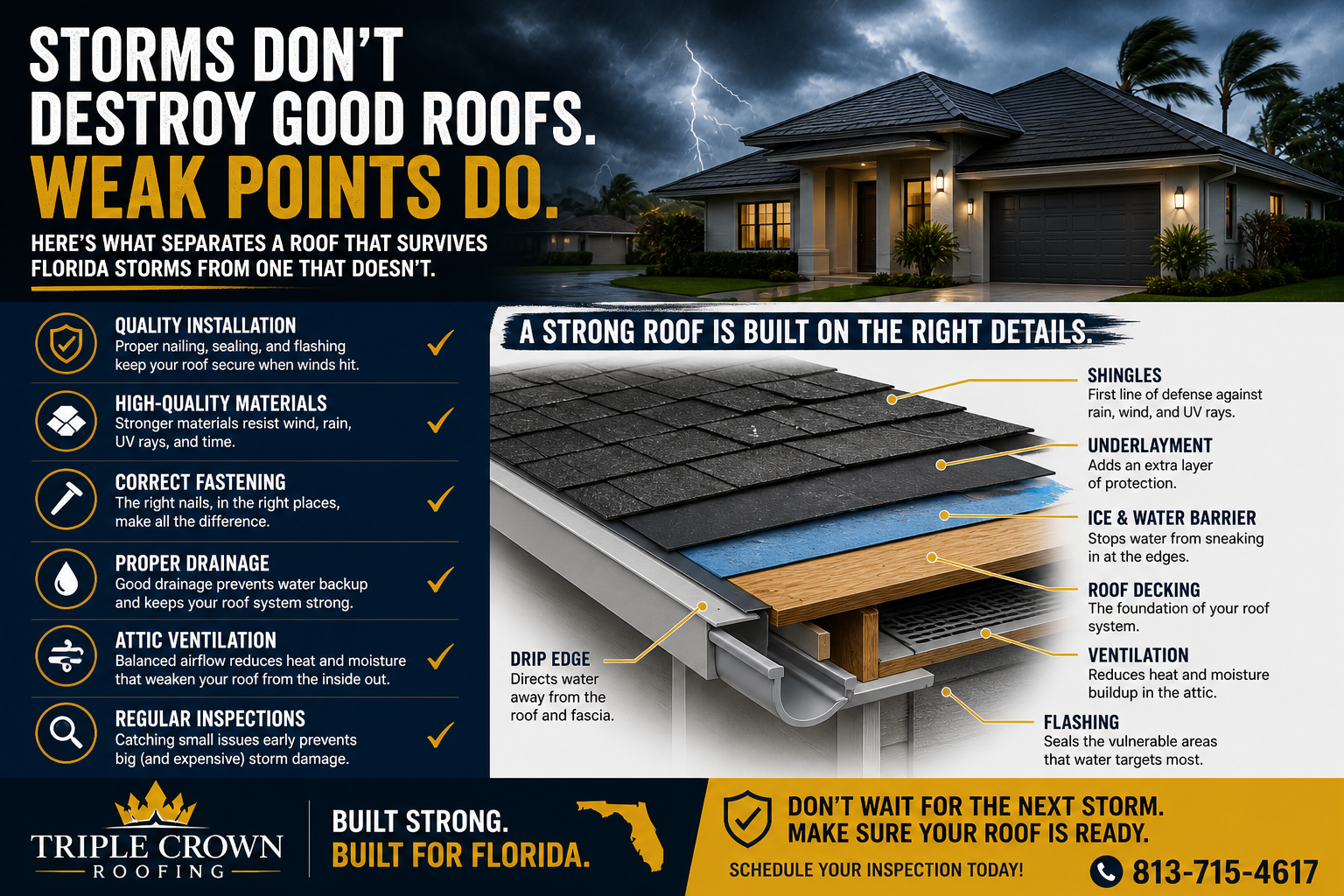 Florida storm-resistant roof vs damaged roof comparison showing installation quality differences