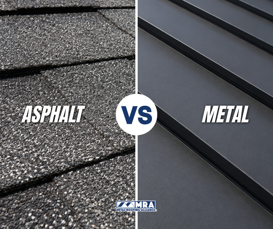 Side-by-side comparison of asphalt shingles and standing seam metal roofing, highlighting the differences in texture, appearance, and roofing materials.