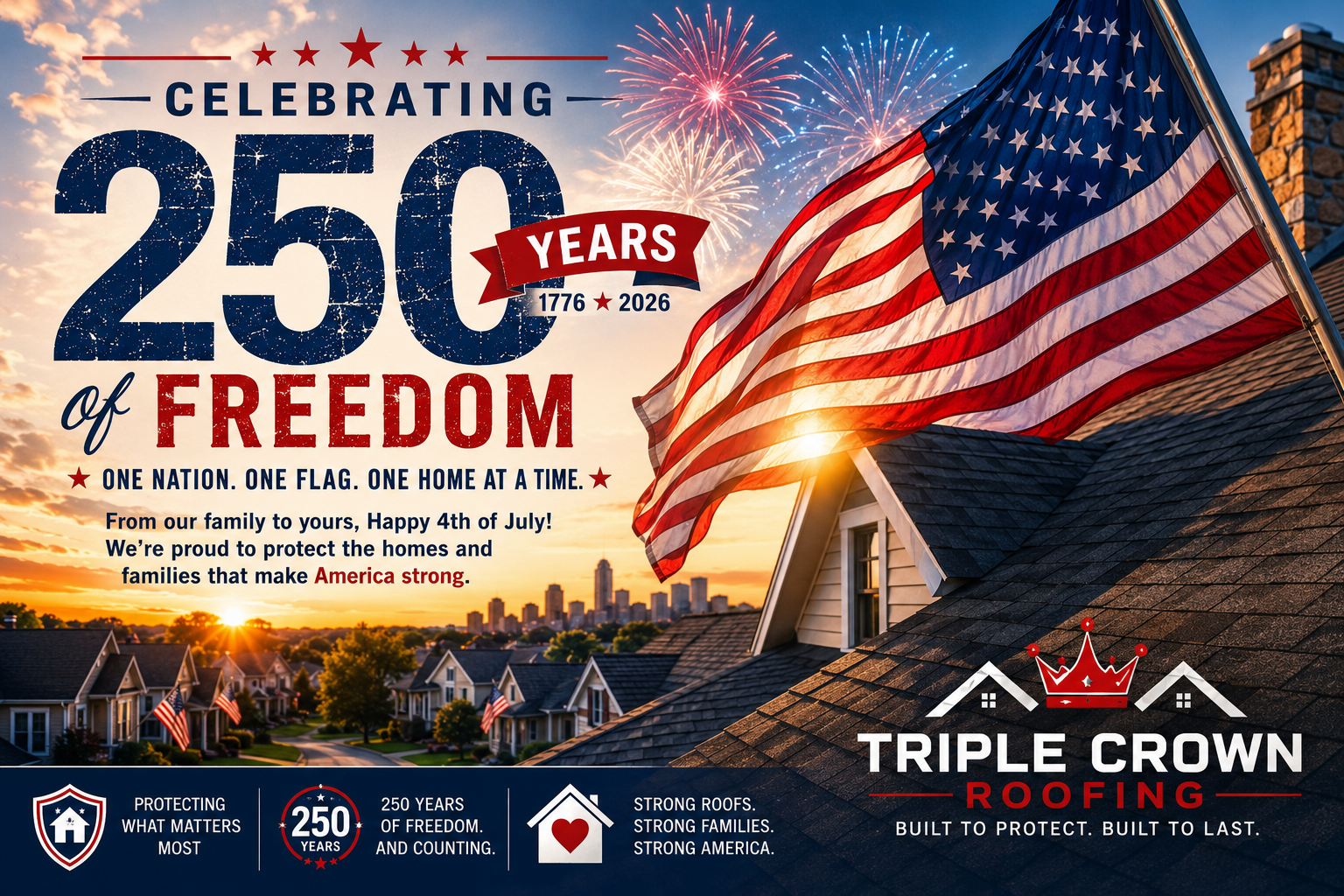 Family watching Fourth of July fireworks from the roof of their home while celebrating America's 250