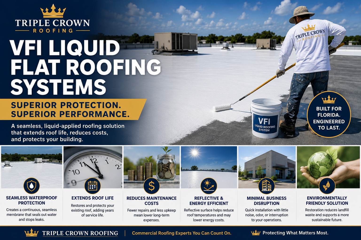 Commercial roofing contractor installing a VFI liquid roofing system on a flat roof in Florida for long-lasting protection and performance.