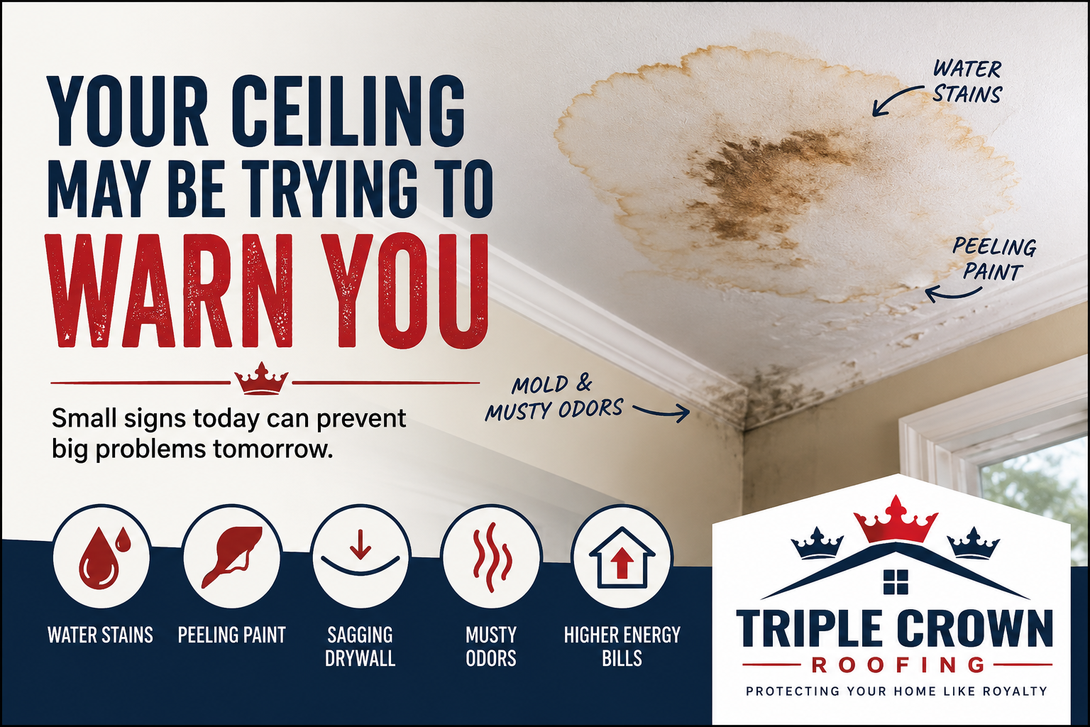 Florida home ceiling showing water stains and moisture damage caused by a hidden roof leak requiring