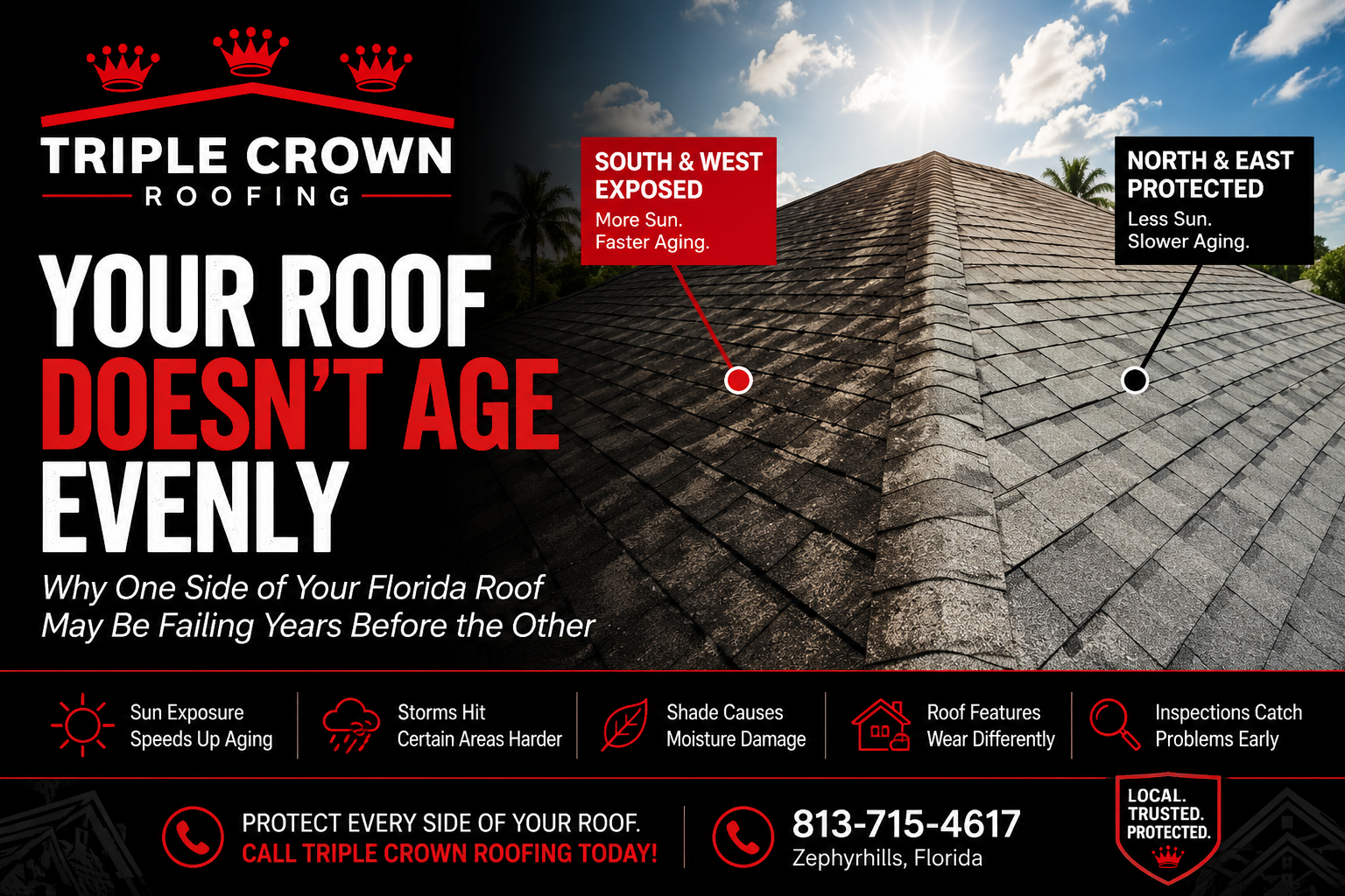 Florida asphalt shingle roof showing uneven aging caused by sun exposure, illustrating why one side