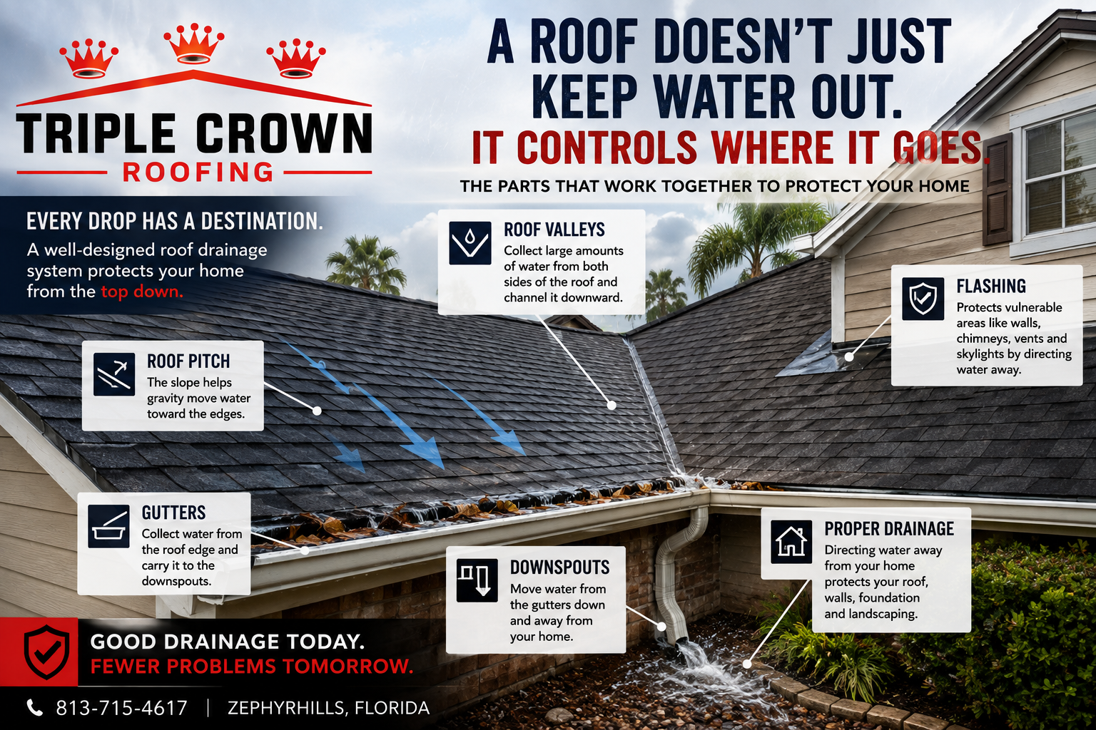 Florida roofing drainage system showing how roof valleys, flashing, gutters and downspouts direct rainwater safely away from a home.