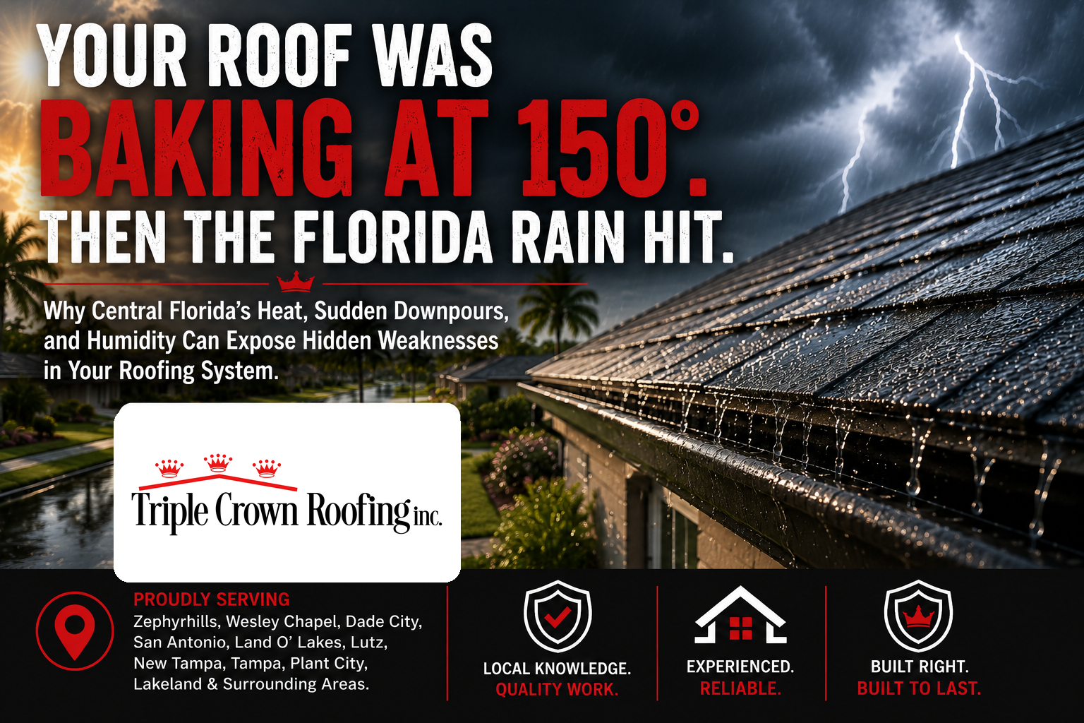 Rain-soaked Florida roof during a severe summer storm showing how heat humidity and downpours can expose hidden roof weaknesses