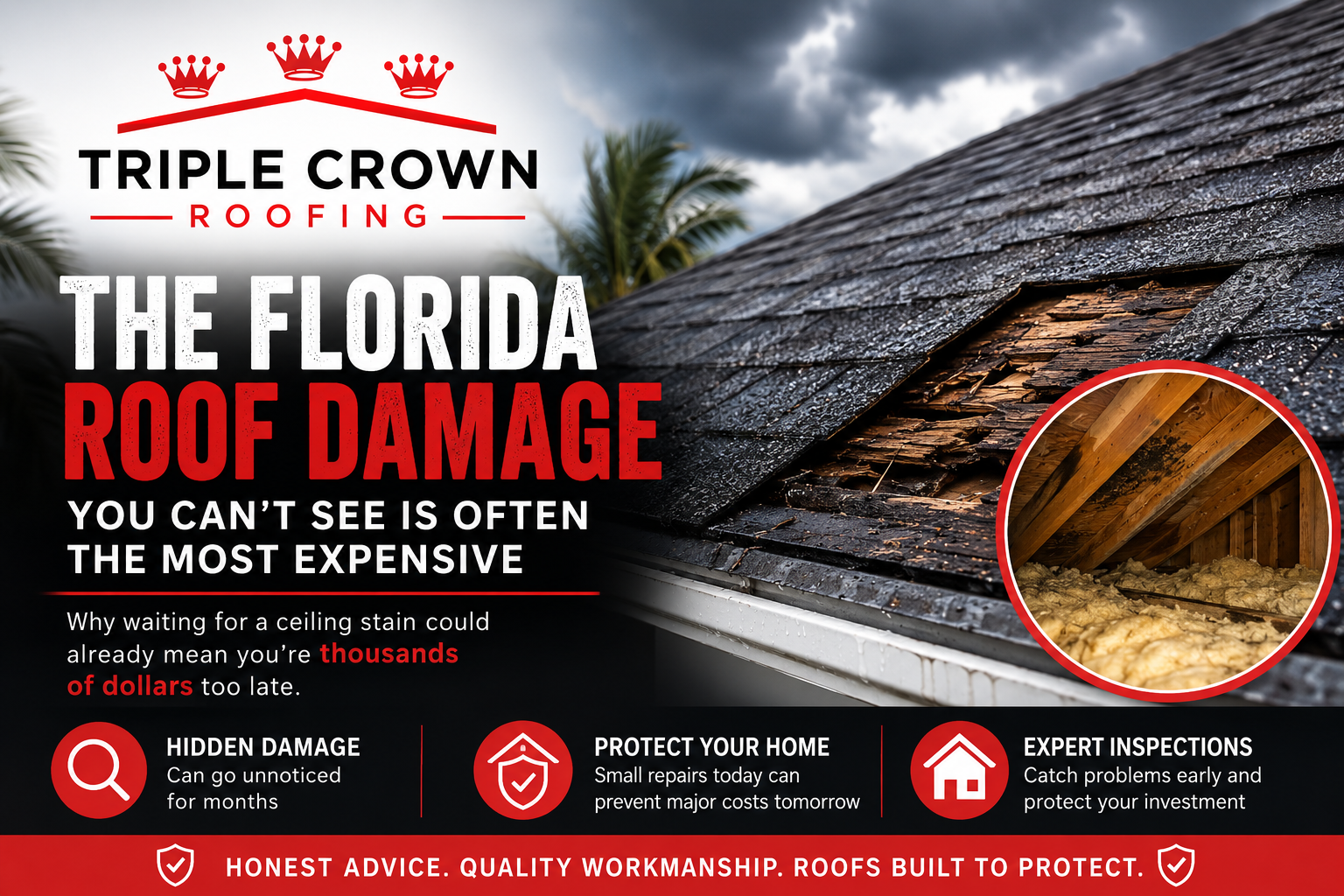 Hidden roof damage beneath Florida shingles discovered during a professional roof inspection by Triple Crown Roofing before costly water damage develops.