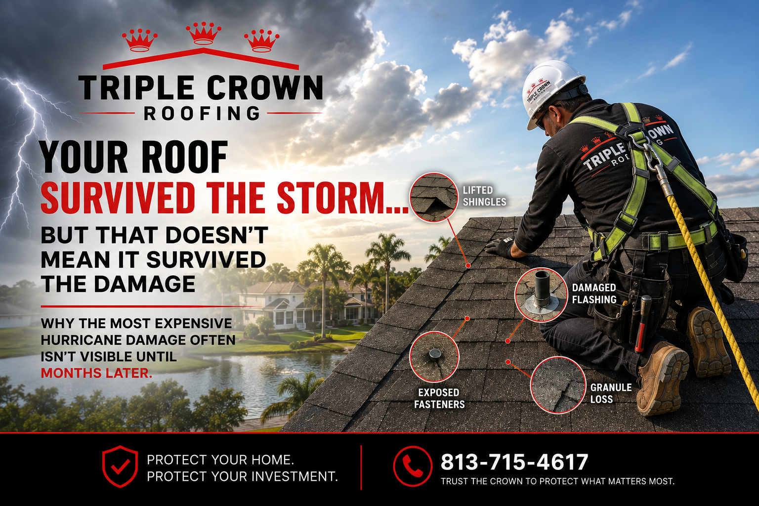 Certified Triple Crown Roofing technician performing a post-storm roof inspection on a Florida home to detect lifted shingles, damaged flashing, loose ridge caps, and hidden hurricane damage.