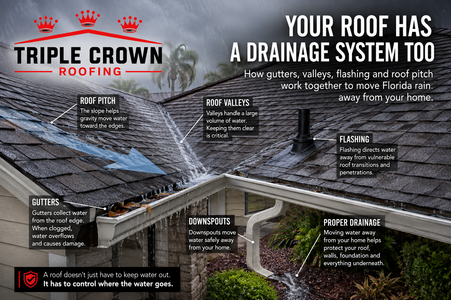 Triple Crown Roofing illustration showing how roof pitch, valleys, flashing, gutters and downspouts