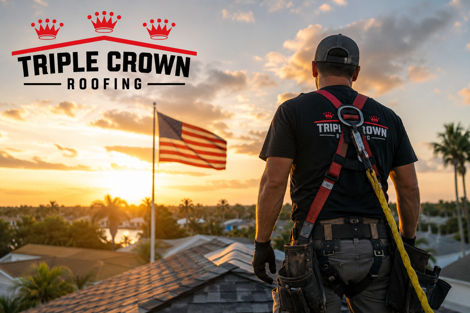 Triple Crown Roofing professional roofer wearing safety equipment on a Florida roof with the America