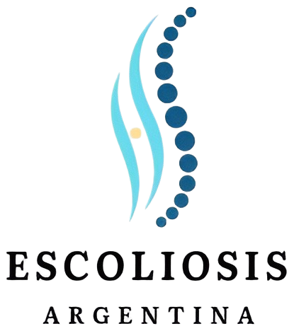 Logotipo de Escoliosis Argentina con una columna vertebral estilizada azul y texto negro sobre fondo blanco.