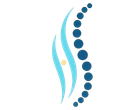 Logotipo abstracto azul estilo quiropráctico con una columna vertebral curva y detalles de puntos.