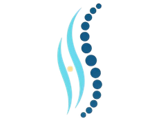 Logotipo abstracto azul estilo quiropráctico con una columna vertebral curva y detalles de puntos.