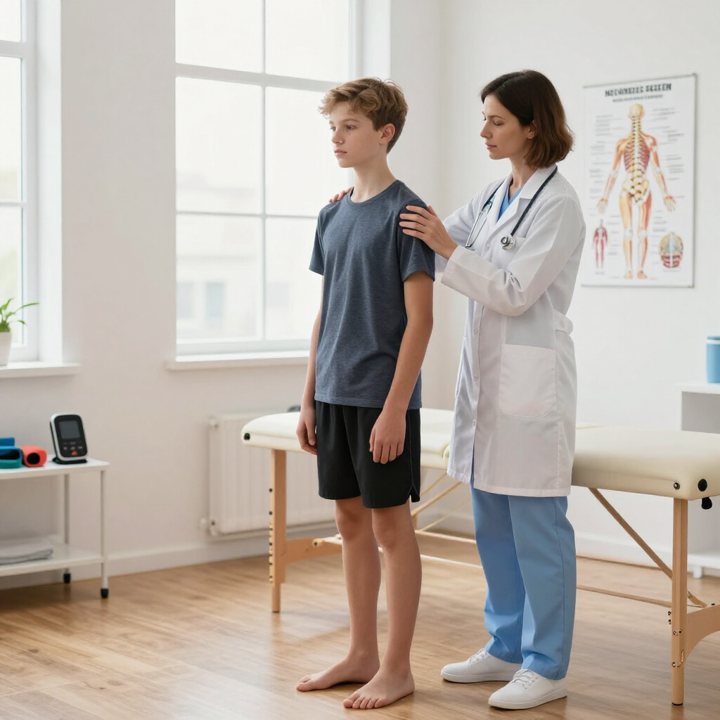 Un médico examina a un paciente en una luminosa sala de consulta, con una tabla de posturas en la pared.