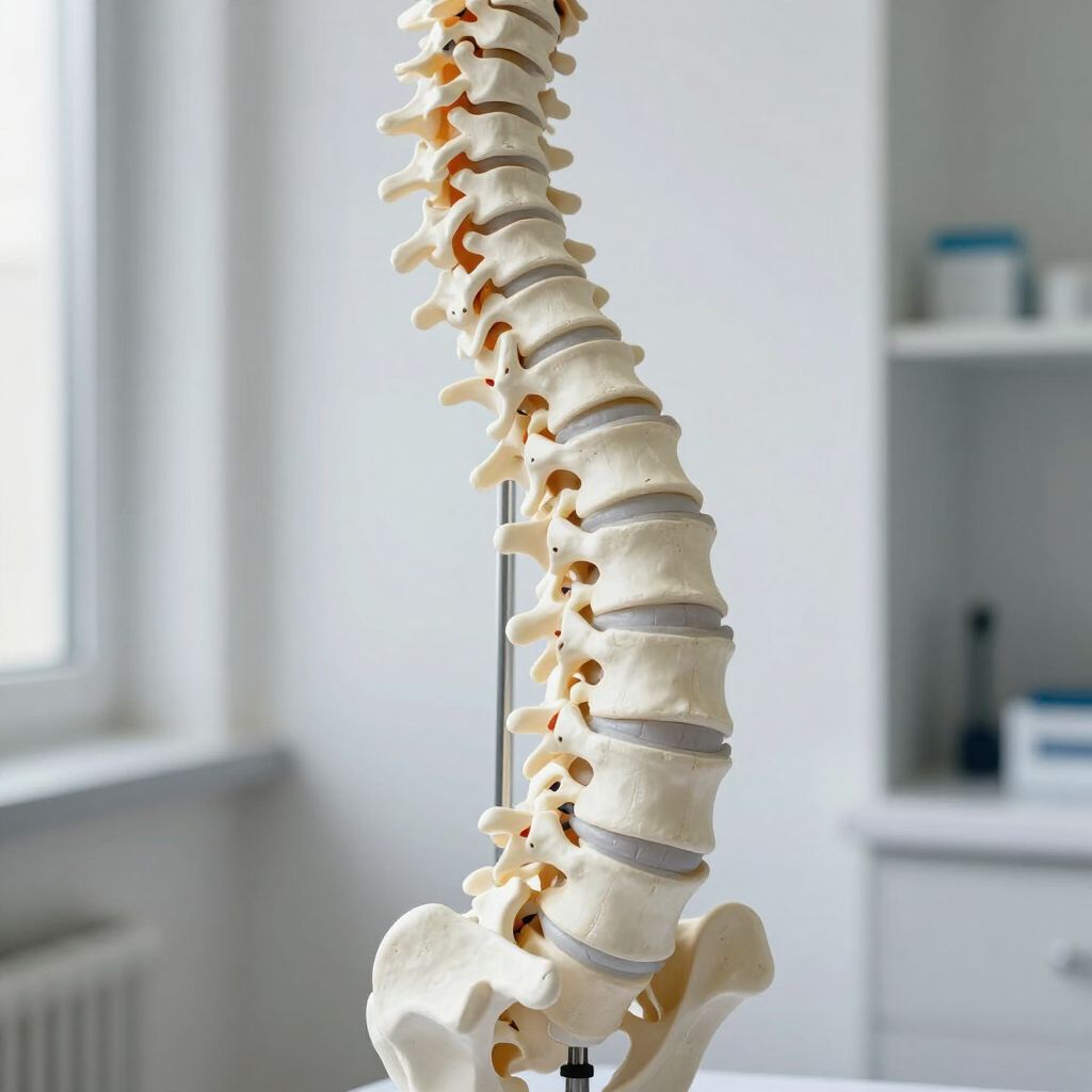 Modelo de columna vertebral sobre un soporte en un luminoso consultorio médico, que muestra la vista lateral de la columna vertebral.