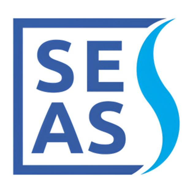 Logotipo de SECAS en azul con un borde cuadrado y una onda estilizada a la derecha.