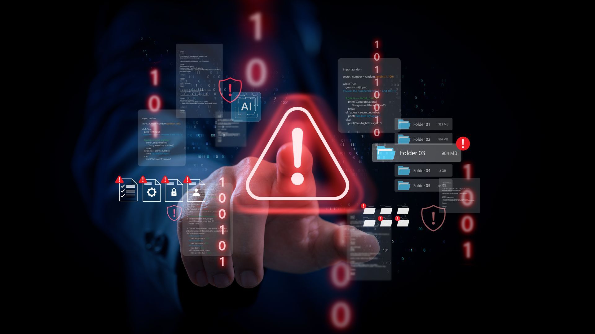 Glowing red warning triangle over a hand, with digital code and security interface graphics in the background