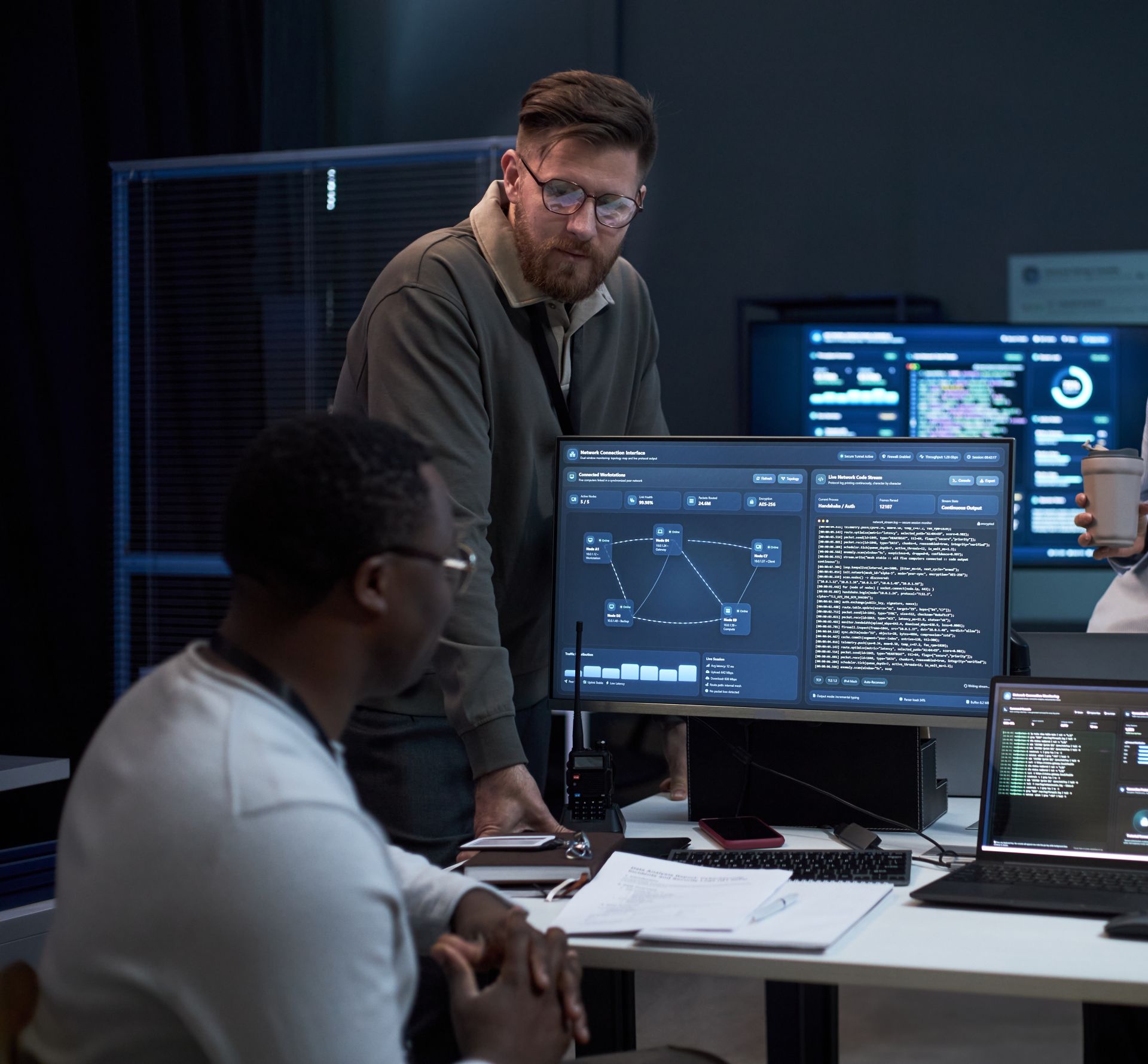 Two coworkers reviewing data on multiple monitors in a dimly lit office