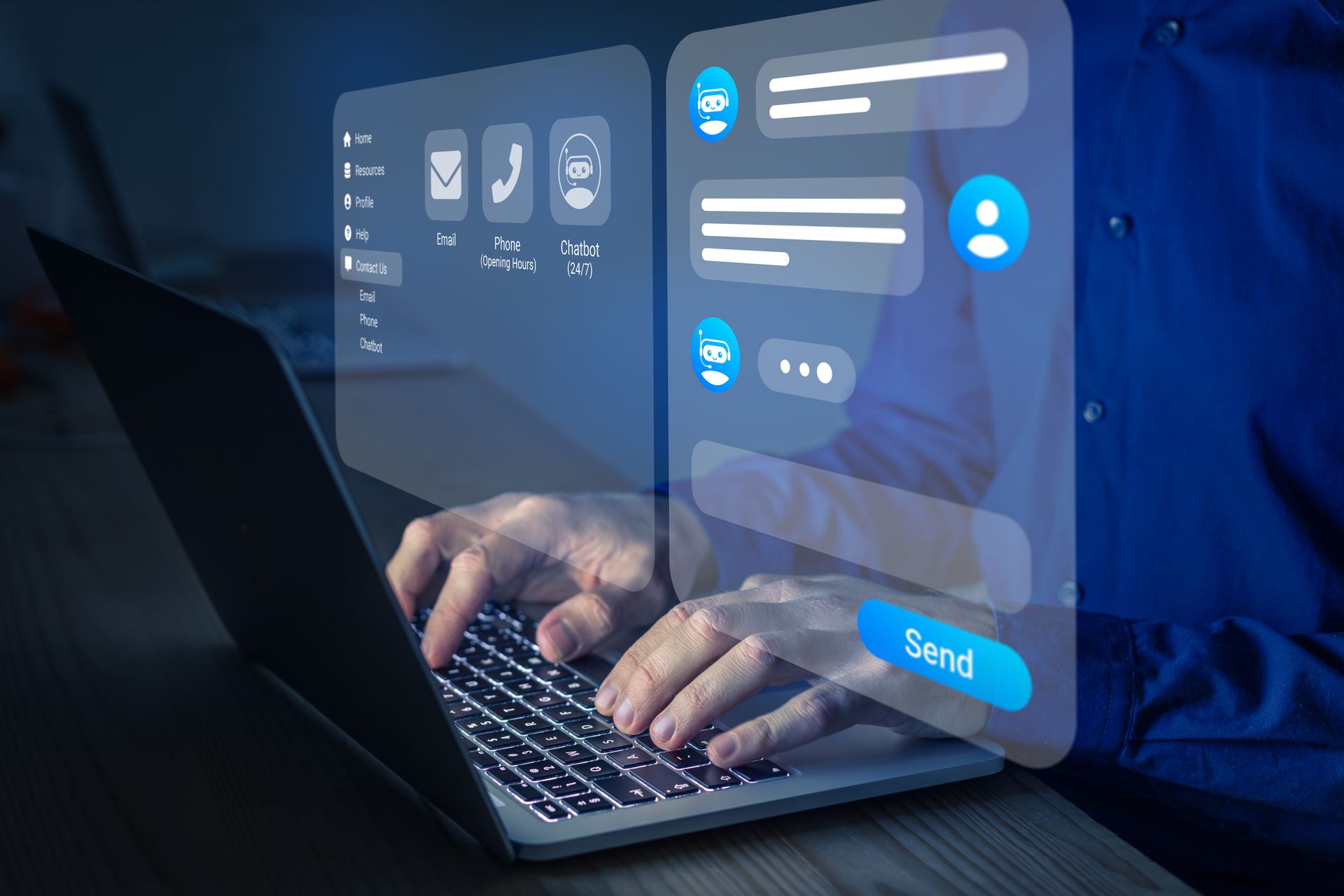 Hands typing on laptop with floating chat and email interface, blue digital background