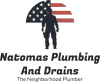 Natomas Plumbing and Drains logo with U.S. flag and plumber silhouette, &ldquo;The Neighborhood Plumber&rdquo; tagline