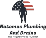 Natomas Plumbing and Drains logo with U.S. flag and plumber silhouette, &ldquo;The Neighborhood Plumber&rdquo; tagline
