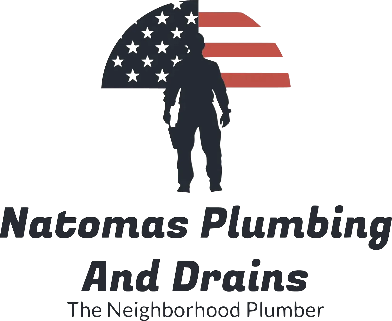 Natomas Plumbing and Drains logo with U.S. flag and plumber silhouette, “The Neighborhood Plumber” tagline