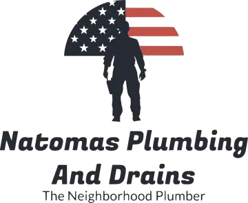 Natomas Plumbing and Drains logo with U.S. flag and plumber silhouette, &ldquo;The Neighborhood Plumber&rdquo; tagline