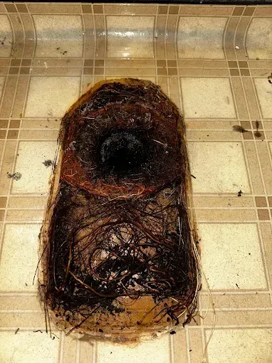A dark, burnt cylindrical object on a beige tiled floor, resembling a damaged pipe or log.
