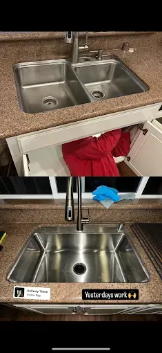 Two stainless steel sinks with a person in a red hoodie reaching under the counter, and a labeled dispenser below.