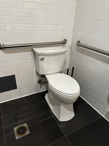 Small accessible restroom with a white toilet, black tile floor, grab bars, and a floor drain.