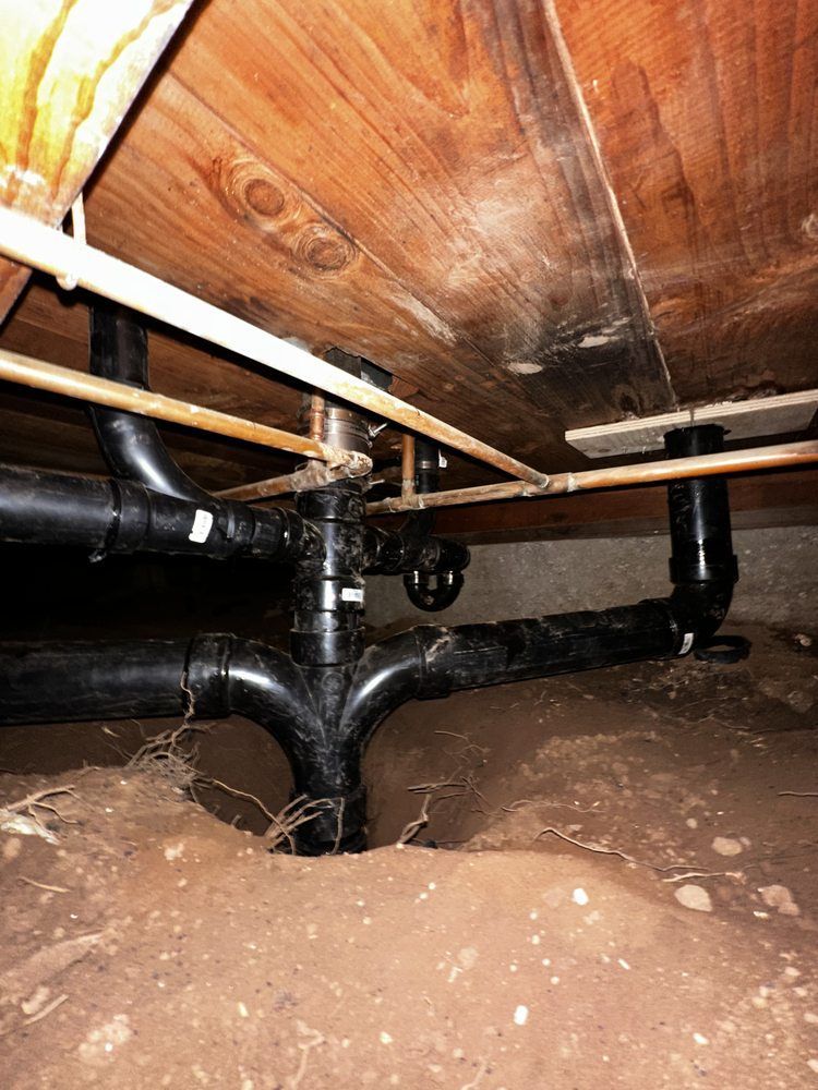 Crawlspace under wood floor with black plumbing pipes and dirt floor