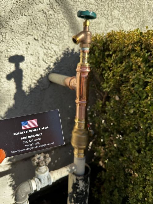 Vertical brass valve and pipe assembly beside a hedge, with a small informational sign in front.