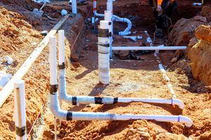 White PVC pipes and fittings laid in a dirt trench at a construction site.