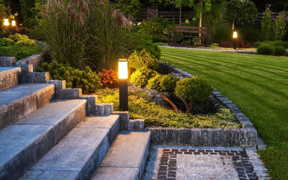 Stone Steps in a well-landscaped yard