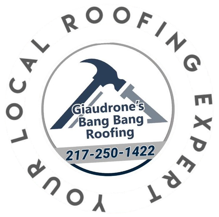 Logo for Giaudrone's Bang Bang Roofing, a local roofing expert, with a hammer graphic and phone number 217-250-1422.