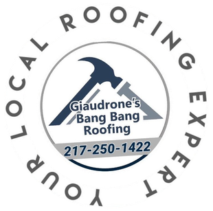 Logo for Giaudrone's Bang Bang Roofing, a local roofing expert, with a hammer graphic and phone number 217-250-1422.